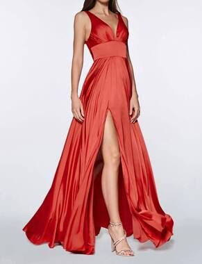 NEW LADIVINE deep v-neck satin a-line dress in red